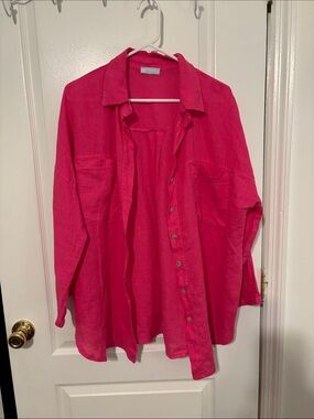 100% Pure Hot Pink Linen Button-Down Blouse